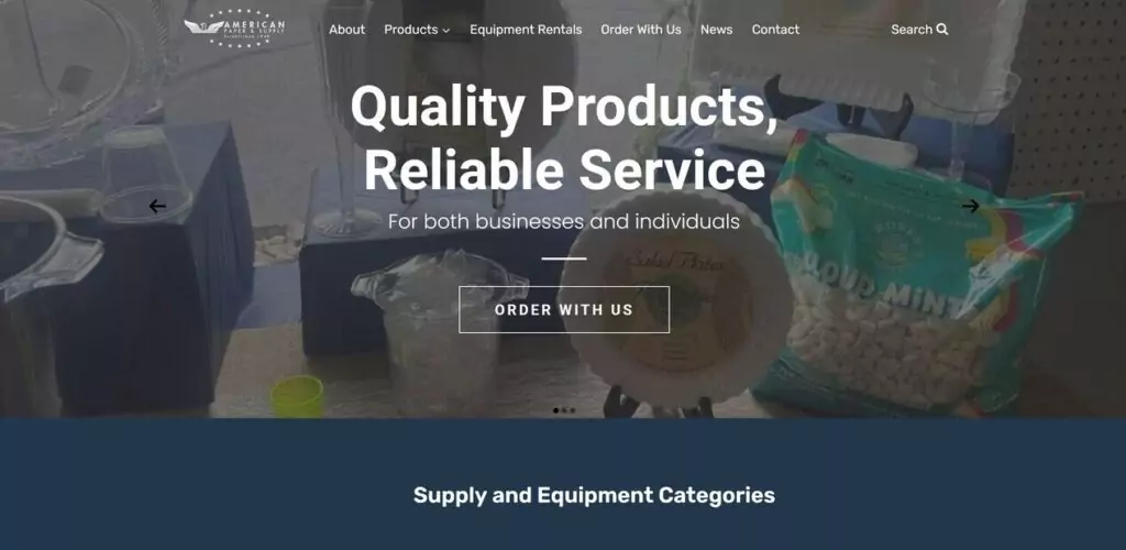 American Paper and Supply website landing page example.