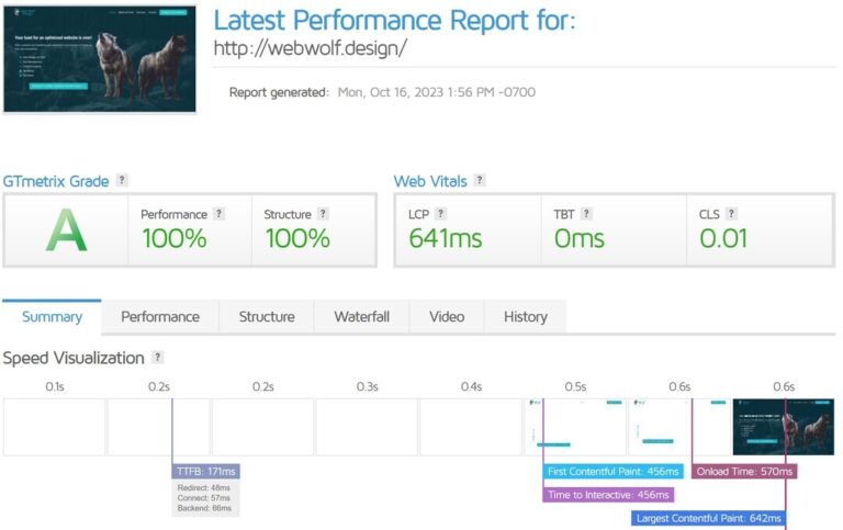 Web Design Gtmetrix Score for WebWolf.Design website.